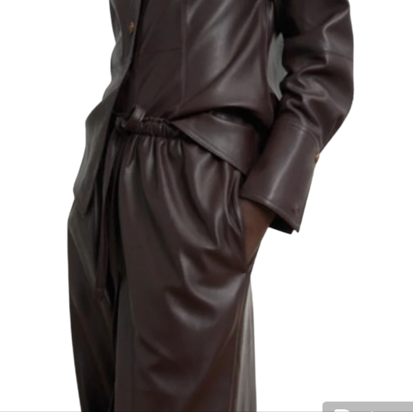 REBECCA TAYLOR VEGAN LEATHER WIDE LEG PANTS W/DRAWSTRING WAIST, DATE BROWN S - Picture 6 of 15